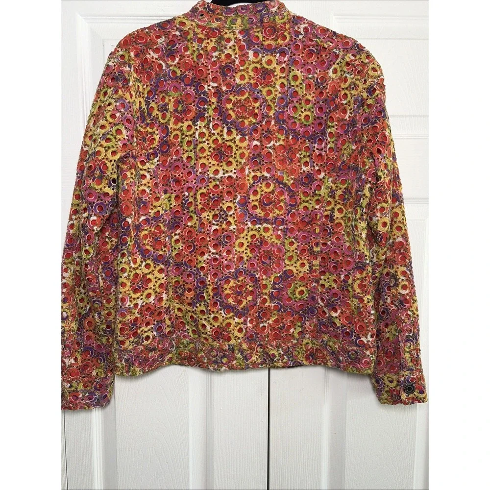 Chico's Embroidered Eyelet Trucker Jacket Womens Size 1 M Multicolor Cotton Boho